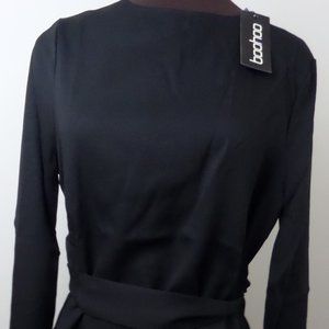 Boohoo Slash Neck Tie Waist Blouse Black US4 NWTag